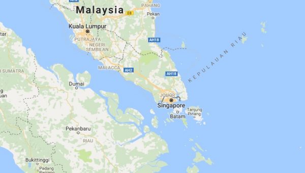 map of Malaysia and Singapore and the Mallacan Strait, where the two ships collided