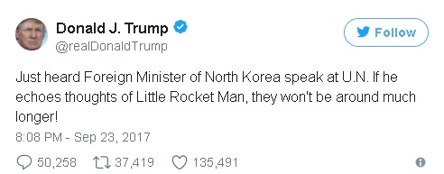 A Trump tweet issuing a veiled threat implying a pre-emptive attack on North Korea
