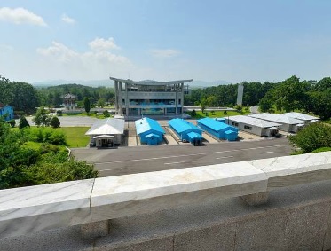 a view of the DMZ in Panmunjom and the JSA (Joint Security Area) from a vantage point on the North Korean side of the DMZ