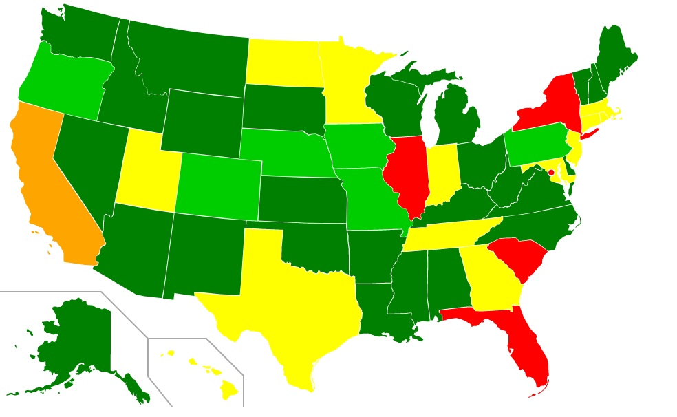 color coded national map indicating in Dark Green, Green, Yellow, Tan and Red - the status of Open Carry laws by state.