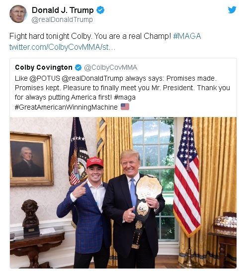 tweet from Donald Trump to UFC champion Colby Covington sent shortly after Trump's perfunctory tweet acknowledging the El Paso, Texas mass shooting.