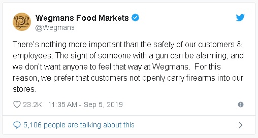 tweet from Wegmans public relations department announcing their new policy asking that shoppers not enter the store with firearms in open carry mode.