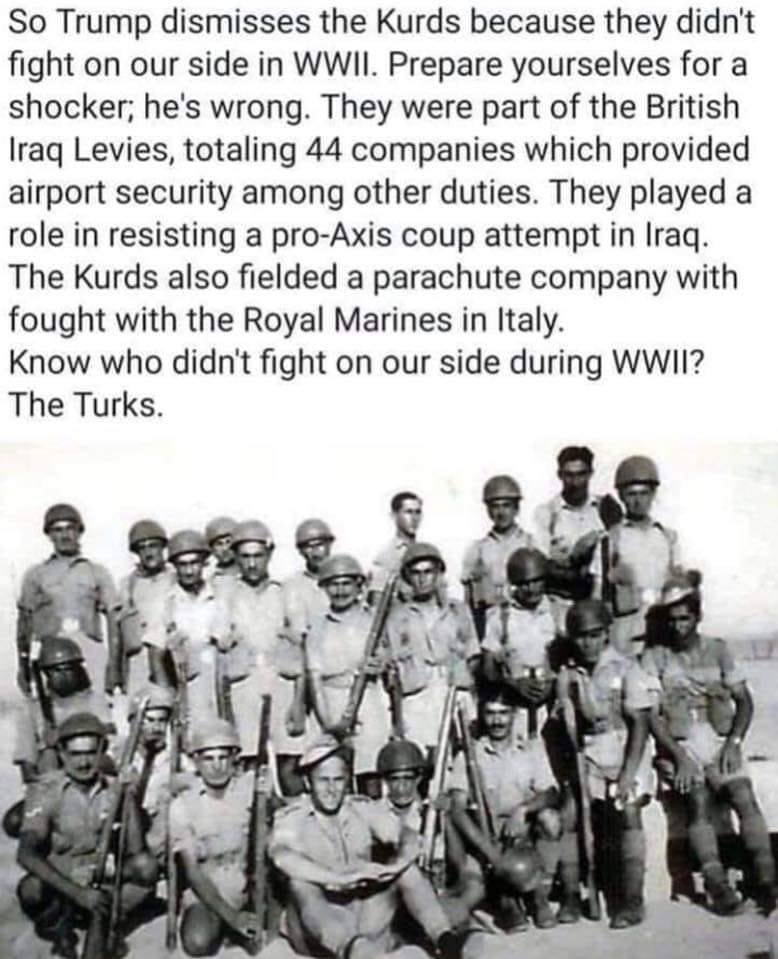 Meme detailing the actual role of the Kurds supporting the Allied cause in World War II
