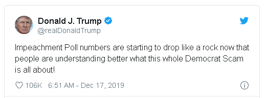 Trump tweet (Dec 17) claiming that support for removal from office was plummeting.