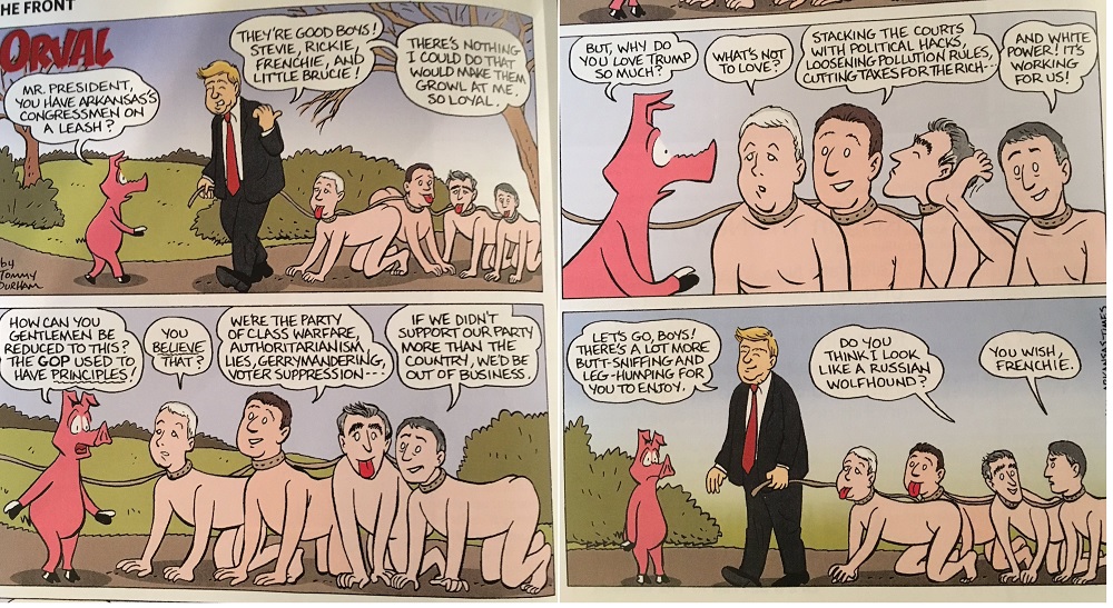 "Orval" comic strip illustrating Donald Trump taking Arkansas GOP Congressional delegation out for a walk as dogs on a leash.