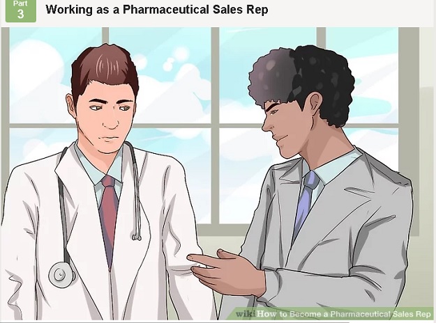 artist rendering of a pharmaceutical sales rep pitching a drug to a doctor
