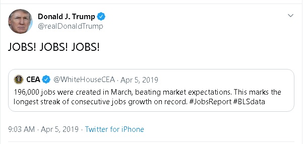 Trump tweet from May 2019, claiming that he has presided over the strongest consecutive period of job growth and including the phrase, "JOBS, JOBS, JOBS"
