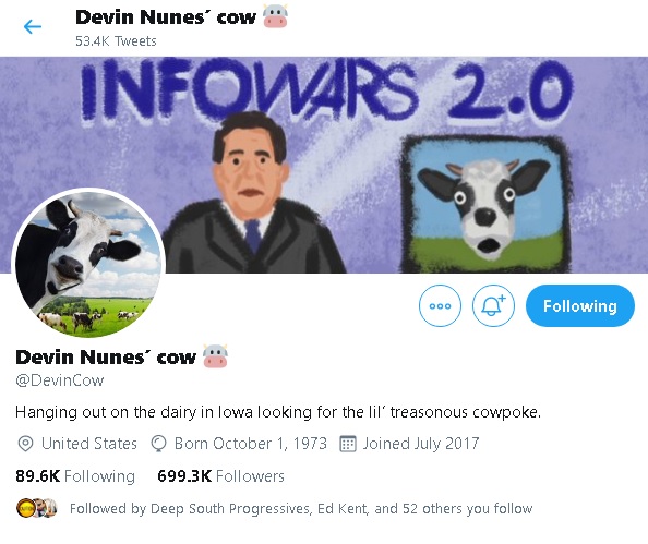 Twitter page of pseudonymous twitter user "Devin Nunes'Cow"