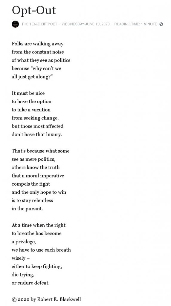 Poem - "Opt Out" from Robert E. Blackwell