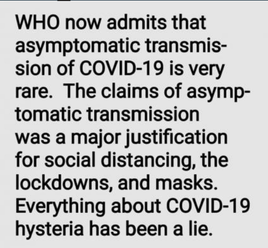 meme from June 8, 2020 posted on Facebook, claiming that asymptomatic transmission of COVID-19 is "hysteria" and fictional.