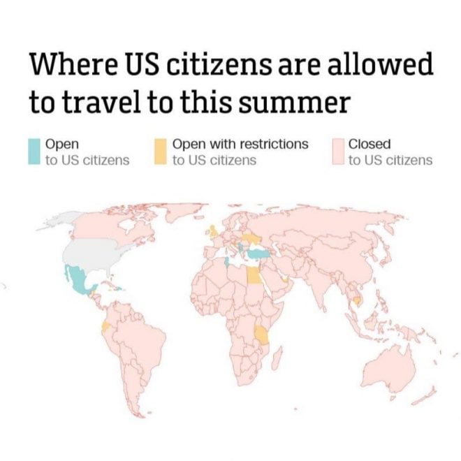 Map of countries currently banning travel from America