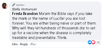 Facebook post by controversial member of America's Frontline Doctors, Stella Immanuel - claiming that coronavirus vaccines are the "Mark of Lucifer" or Satan.