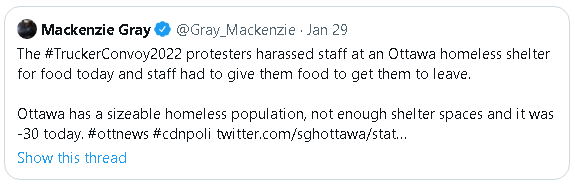 Tweet from Gray Mackenzie reporting that members of the "Freedom Convoy" pressured a kitchen that provides meals for the homeless to give them food.