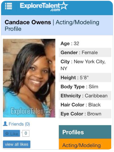Far Right personality and influencer Candace Owens' profile on modeling / acting recruitment site "ExploreTalent".com
