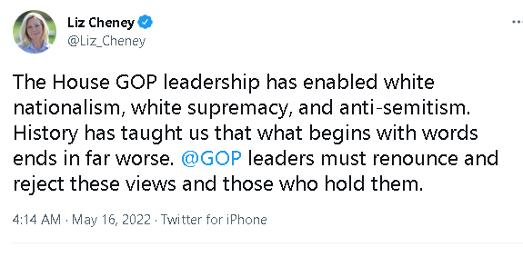 Tweet from Wyoming Congresswoman Liz Cheney excoriating members of her own party for trafficking in White Nationalist rhetoric and messaging