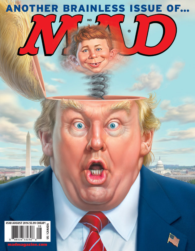 MAD magazine cover with cartoon illustration of MAD mascot Alfred E. Newman popping out of the top of Donald Trump's head in Jack In The Box fashion