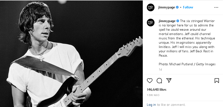 Jimmy Page of Led Zeppelin reacting on Instagram at the news of the death of his childhood friend Jeff Beck