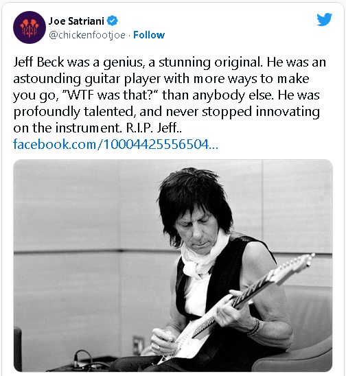 Joe Satriani's tweet on Jeff Beck as a prime guitar influence